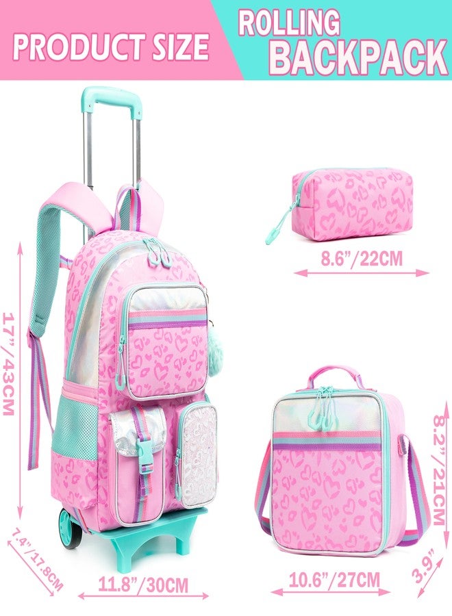 Meetbelify Girls' Rolling Backpack with Wheels - Cute Kawaii Carry On Backpack with Lunch Box for Elementary Students - Pink Love - Image 2